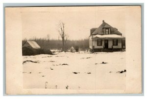 Vintage 1910's RPPC Postcard - Snow Covered Country Home and Farm - NICE