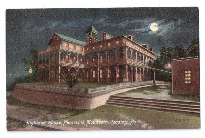 Reading PA Highland House Hotel Night Neversink Mt. Postcard