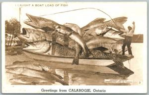 CALABOGIE ONT. CANADA FISHING EXAGGERATED VINTAGE REAL PHOTO POSTCARD RPPC