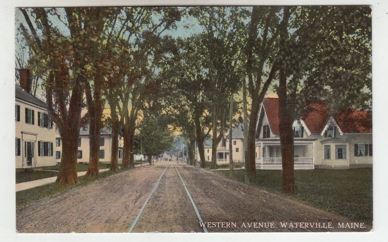 P2031 old postcard quiet view trees homes etc western ave waterville maine