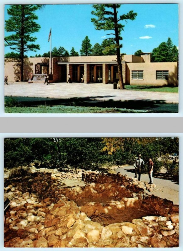 2 Postcards GRAND CANYON National Park ~ VISITOR CENTER, Tusayan Ruin c1950-60s