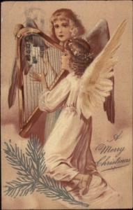Christmas - Angel Girls Playing Harp c1910 PFB Postcard