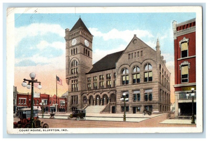1918 Court House Building Tower Clock Cars Bluffton Indiana IN Antique Postcard