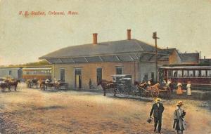 Orleans MA Railroad Train Station Depot Busy Scene Postcard