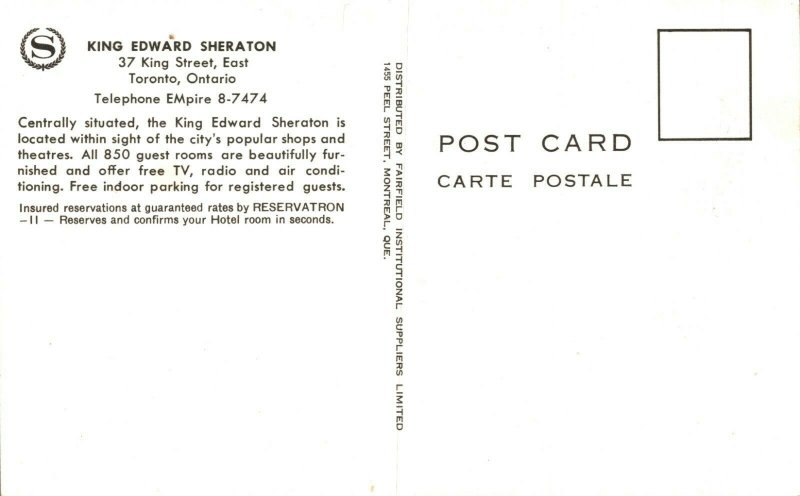 Canada Toronto The King Edward Sheraton Chrome Postcard 08.68