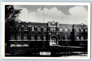 c1920's High School Building Campus Entrance American Flag Ellis Kansas Postcard