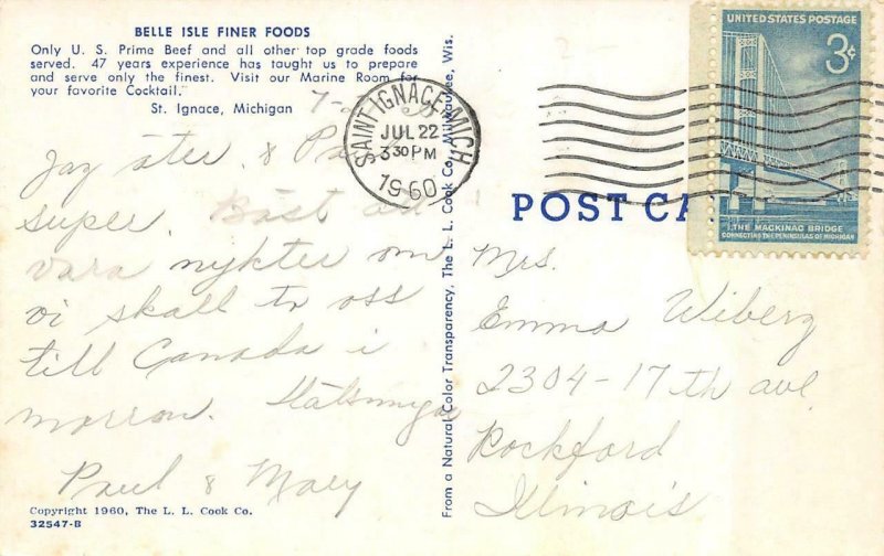 ST IGNACE, Michigan MI ~ BELLE ISLE FINER FOODS Restaurant~Bar ROADSIDE Postcard