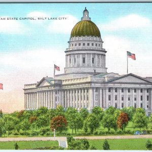 c1940s Salt Lake City, UT Utah State Capitol Flags Tree Corinthian Linen PC A291