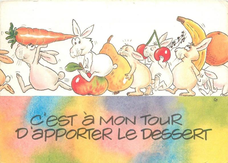 Rabbits caricatures fruits and vegetables humour postcard