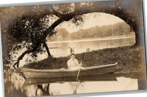 1904-18 Water Willow City Rome IN Postcard Rppc Woman Sitting In A Canoe Paddle
