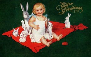 Circa 1910 Adorable Girl With Lots of Rabbits Easter Greetings Postcard NICE! P1