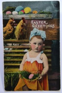 Easter Postcard RPPC Real Photo Rooster Farmer Girl Pastel Cedar Falls Iowa 1909