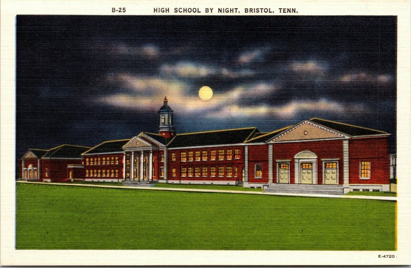 Vtg 1930s High School at Night Bristol Tennessee TN Unused Linen Postcard