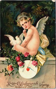 Happy Birthday Angel With Pigeon Vintage Postcard C268