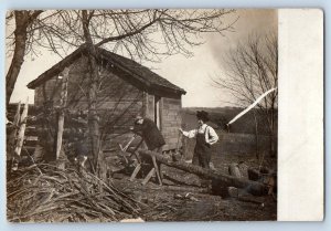 c1910's Men With Saw Cutting Lumber Cabin RPPC Photo Unposted Antique Postcard