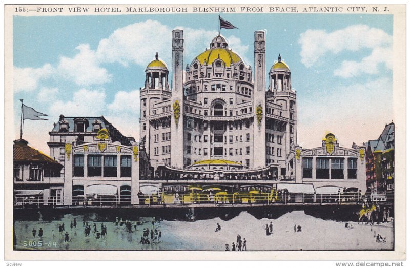 ATLANTIC CITY, New Jersey; Front View Hotel, Marlborough Blenheim from Beach,...