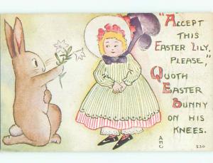 Pre-Linen easter signed HUMANIZED BUNNY RABBIT GIVES FLOWER TO GIRL k2921