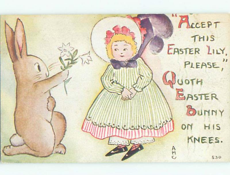 Pre-Linen easter signed HUMANIZED BUNNY RABBIT GIVES FLOWER TO GIRL k2921
