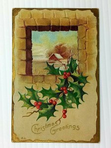 Vintage Postcard 1911 Happy Christmas Greetings Holly Flowers Winter Homestead