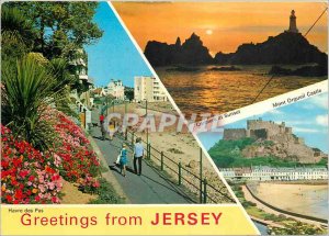 Modern Postcard Greetings From Jersey Havre des Pas Corbiere at Sunset Mont O...