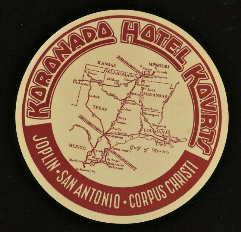 Koronado Hotel Kovrts Luggage Label Missouri & Texas