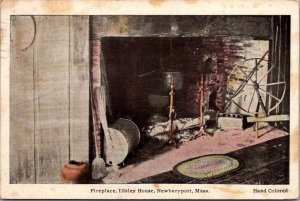 Fireplace, Illsley House, Newburyport MA Hand Colored c1930 Vintage Postcard Y71