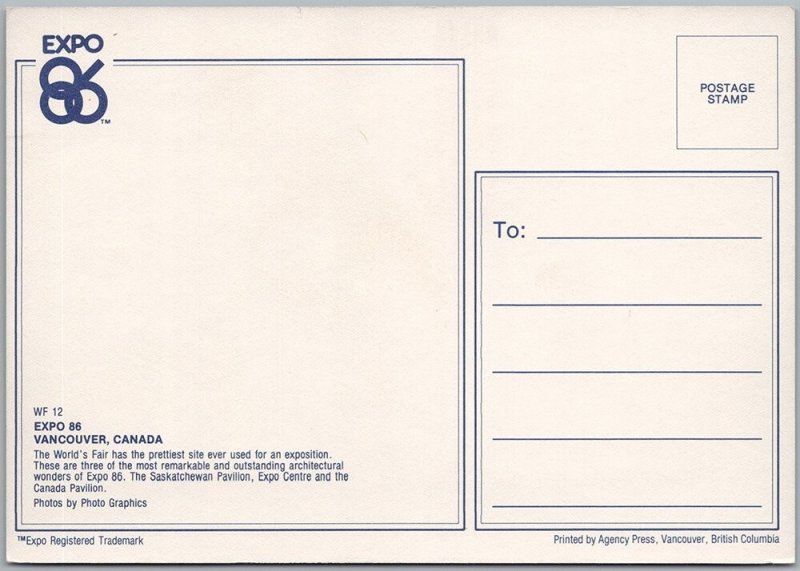 Expo 86 Vancouver Canada Lithograph Postcard Featuring Pavilion Landmarks C12