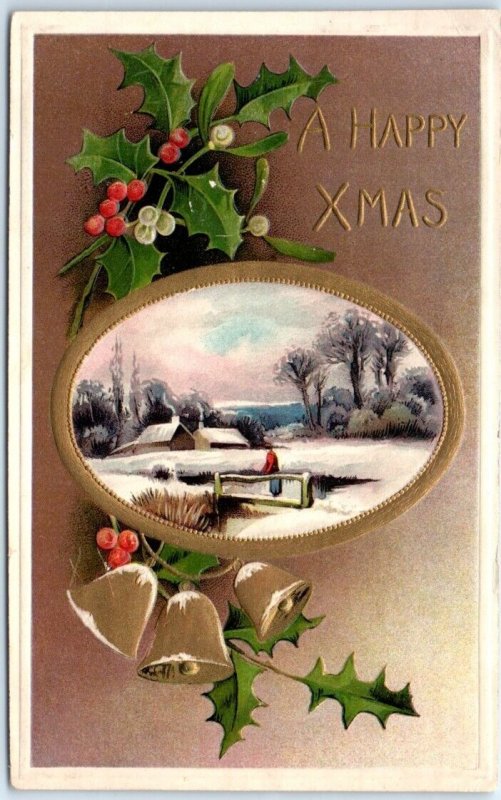 Postcard - A Happy Xmas with Mistletoe Bells Art Print