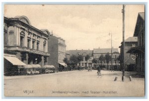 c1910 Railway Square With Theater Hotel Vejle Denmark Antique Posted Postcard