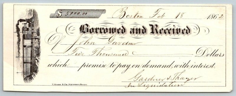 1862  Authentic Civil War Era  Boston Massachusetts Receipt     7 x 2.5