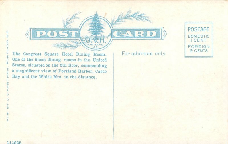 Portland Maine Congress Square Hotel Dining Room WB Postcard Unused