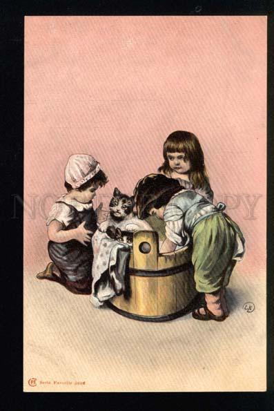 040923 Children washing KITTENS. By EK vintage PC