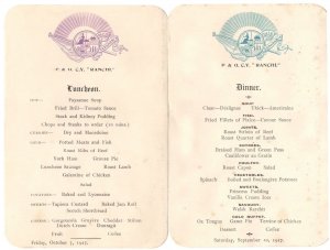 P&O Line CY Ranchi 1927 2x Old Cruise Ship Menu s