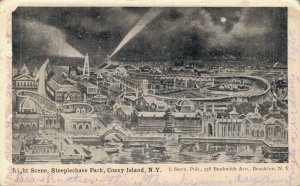 USA Night Scene Steeplechase Park Coney Island New York Vintage Postcard 07.34