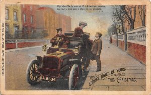 US35 hold to light RARE greetings card Christmas automobile fur coat hat 1907