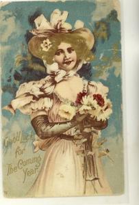 NEW YEARS GREETING c1907 pretty woman Postcard year