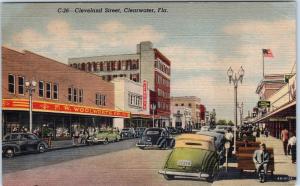 CLEARWATER, FL Florida   CLEVELAND STREET SCENE c1930s Cars  Linen Postcard