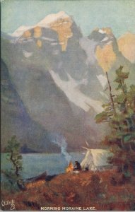 Moraine Lake Alberta AB Morning Tent Campfire Camping Tuck CPR Postcard G88