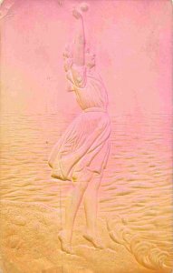 Woman Catching Ball Seashore Ocean Bas Relief Fancy 1910c postcard