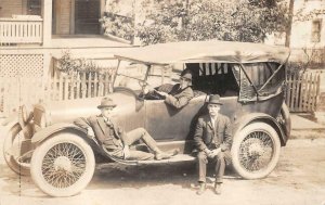 RPPC MEN & CLASSIC CAR OHIO LICENSE PLATE REAL PHOTO POSTCARD (c. 1920s)
