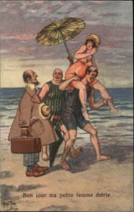 Beach Fun Bathing Beauty on Man's Shoulders Arthur Thiele 1247 c1920 Postcard