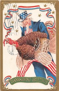 J17/ Uncle Sam Patriotic Postcard c1910 U.S.A. Thanksgiving Turkey 160