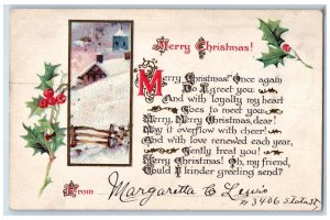 1916 Christmas Holly Winter Snow House Embossed Chicago IL Antique Postcard 