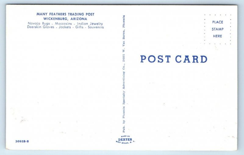 WICKENBURG, AZ Arizona ~ MANY FEATHERS TRADING POST c1950s  Roadside Postcard
