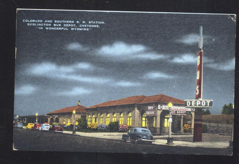 CHEYENNE WYOMING GREYHOUND BUS DEPOT TRAIN STATION VINTAGE POSTCARD NIGHT