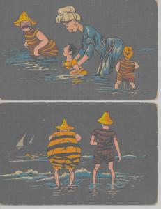 2 Humorous bathing beauties man woman with children antique pc Z24114