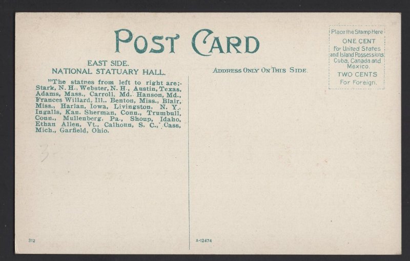 DC WASHINGTON Statues East Side National Statuary Hall U.S. Capitol ~ DB