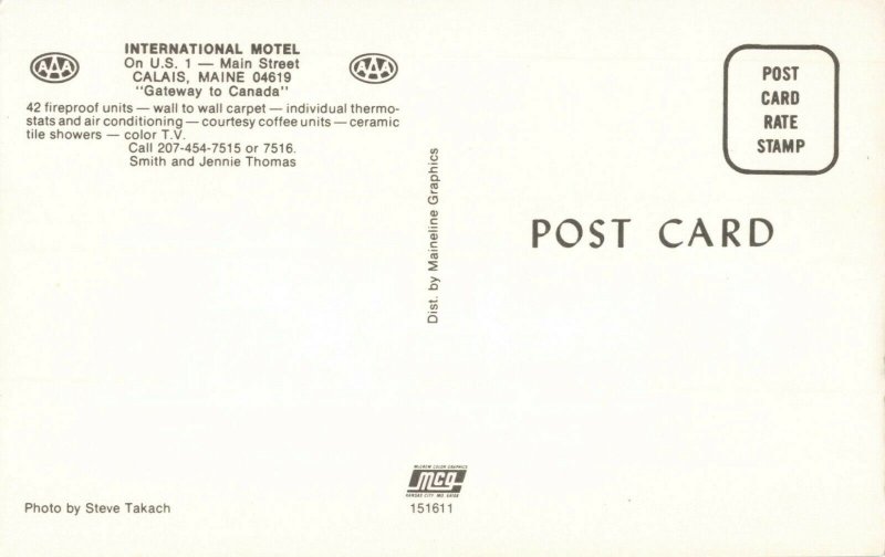 Postcard International Motel Calais Maine