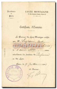 Certificate & # 39exerce Lycée Montaigne Rue Auguste Comte Paris Gaston Legr...