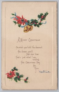 Holiday~Christmas~Poinsettia & Holly Garland with Bells~Vintage Postcard